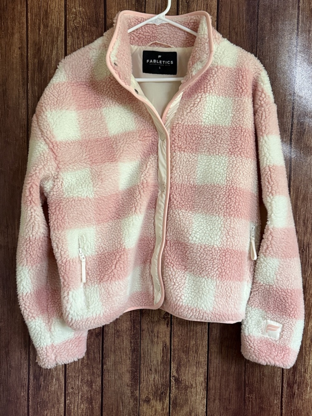 Fabletics Pink & White Check Sherpa Puffer Jacket